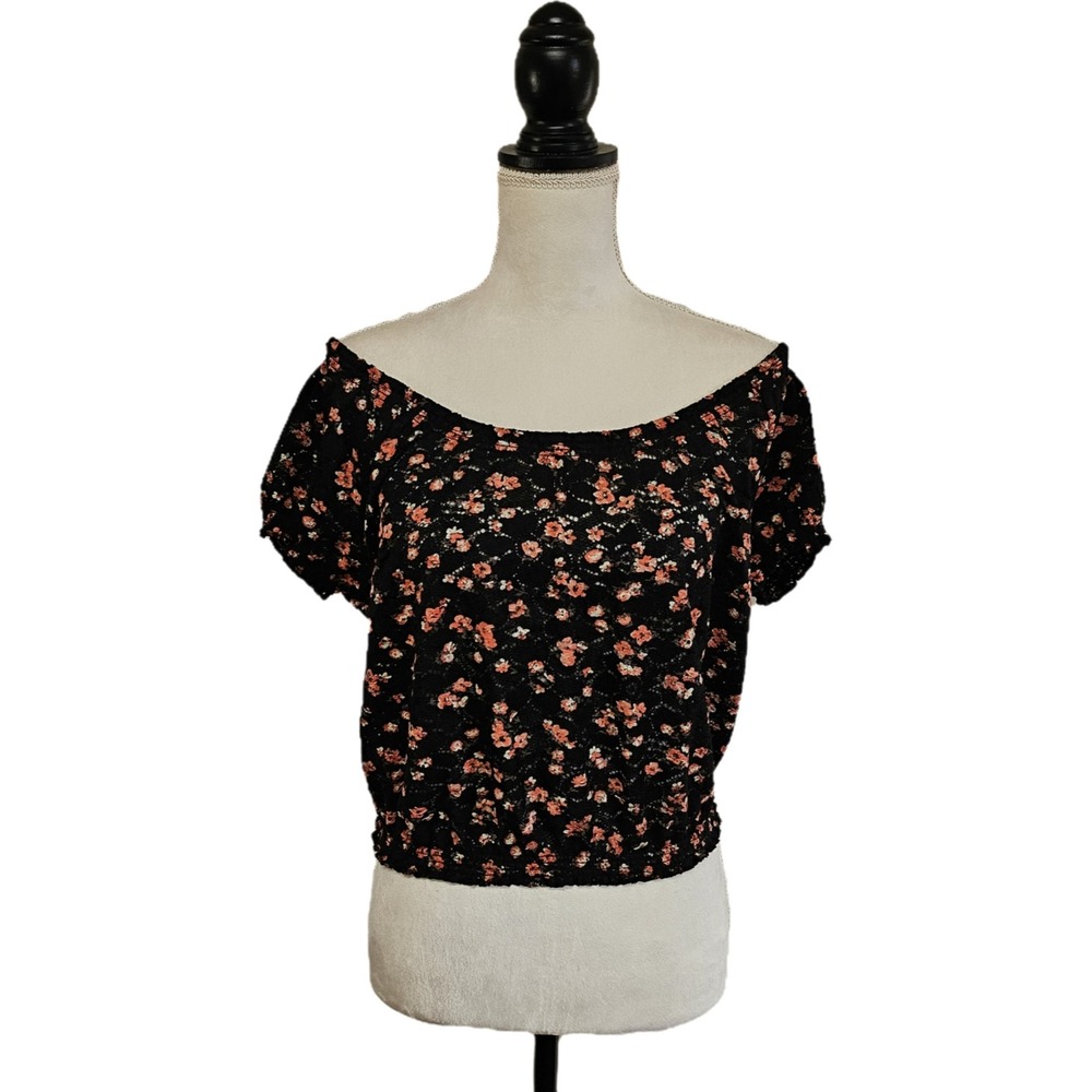 Aeropostale Black Floral Mesh Off-Shoulder Smocked Crop Top Size‎ XL Whimsigoth